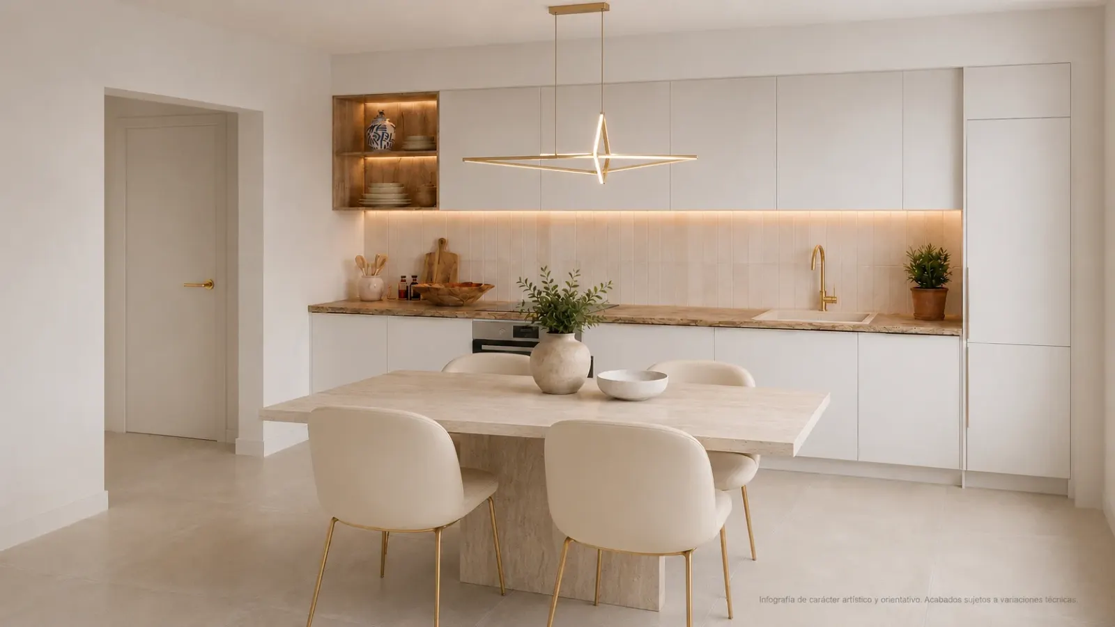 Cocina y comedor de una vivienda en Valencia presentada con staging virtual