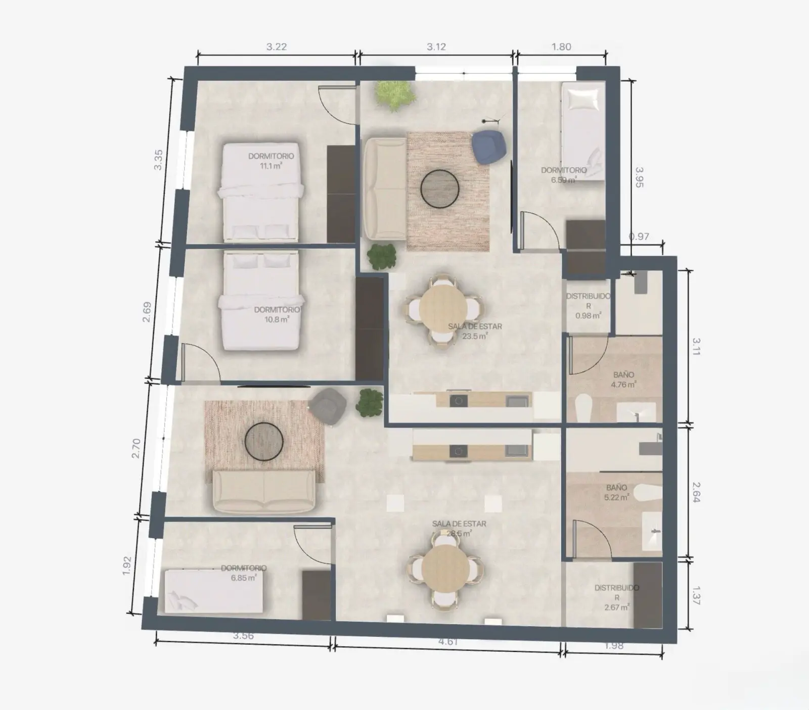 Plano amueblado de una vivienda en venta en Valencia